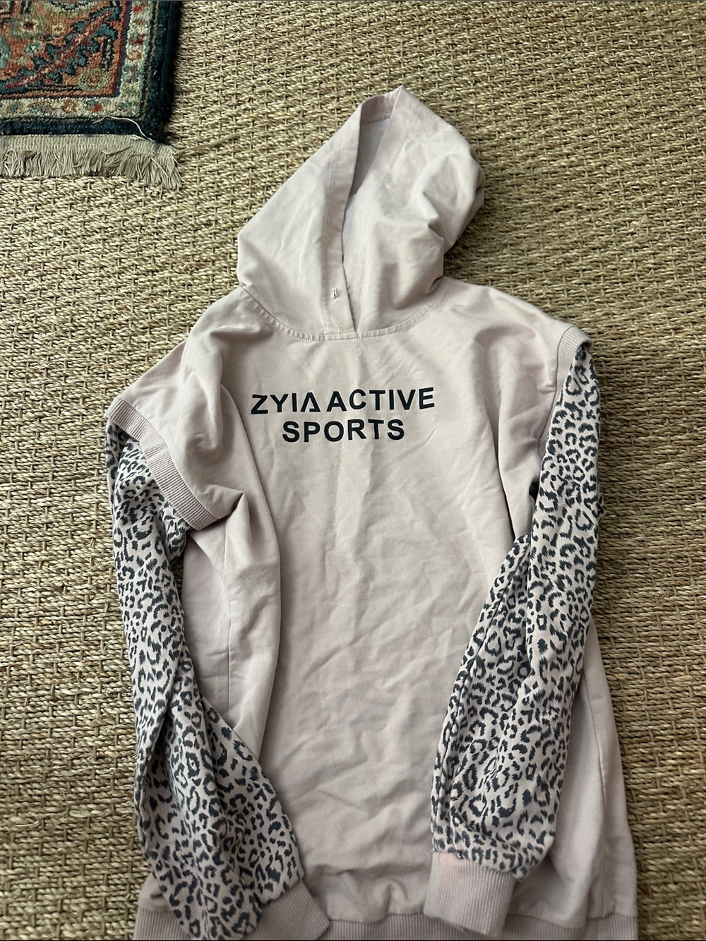 ZYIA Light Pink Hoodie with Leopard Print Sleeves